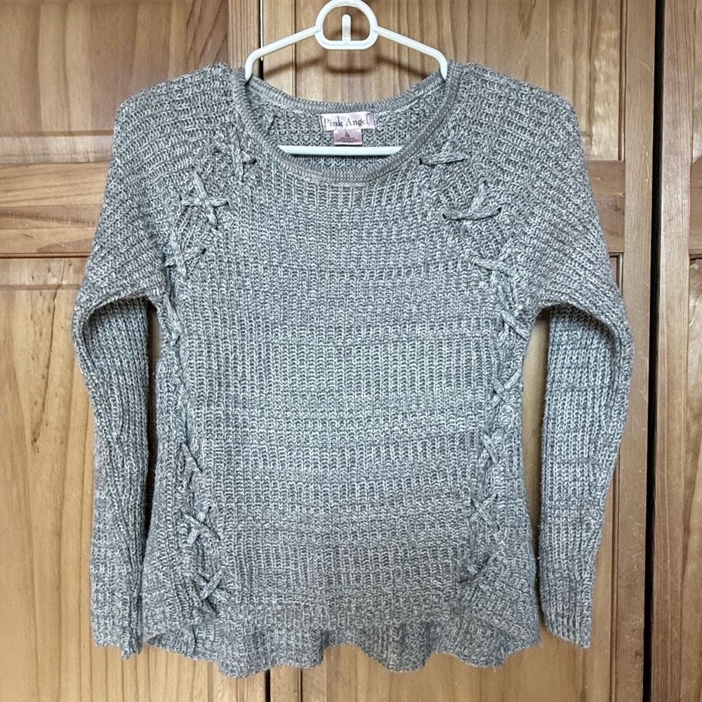 Cozy‎ Knit Pink Angel Gray Sweater Girls Size 14/L Boho Festival Minimalist